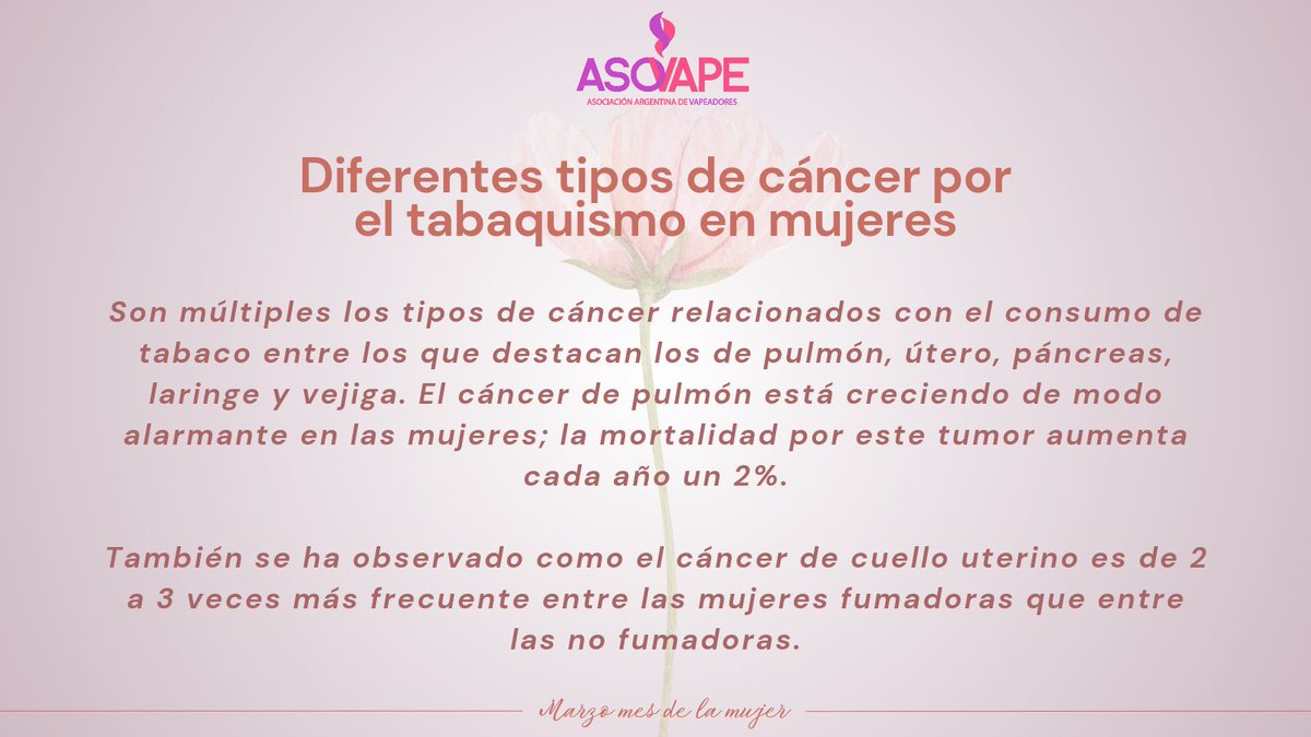 En marzo, mes de la mujer, recordemos que el tabaquismo puede causar diferentes tipos de cáncer en las mujeres como el de pulmón, útero, páncreas, laringe y vejiga. Tomemos medidas para evitarlos y difundamos información sobre los riesgos del tabaquismo en la salud femenina.
🌸✨