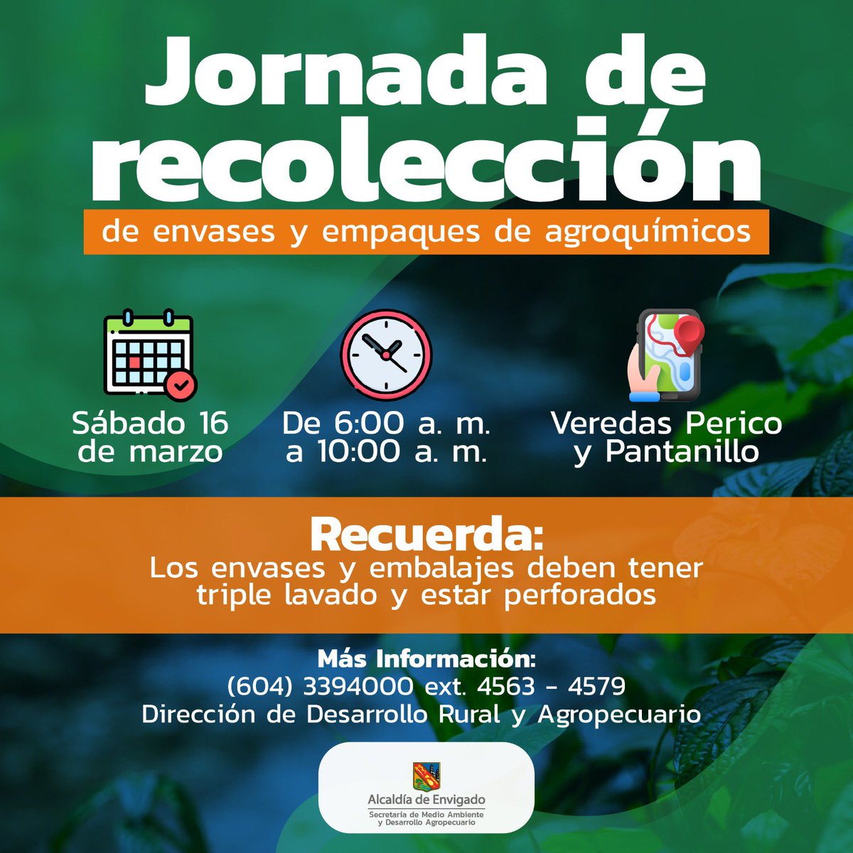 #AmorPorEnvigado es aportar tu huella verde. 
Recolecta tus envases y empaques de agroquímicos para un espacio más limpio y sostenible. Prográmate este 🗓️sábado 16 de marzo de 6:00 a. m. a 10:00 a. m. ¡Haz tu parte! 

#EnvigadoVamosAdelante