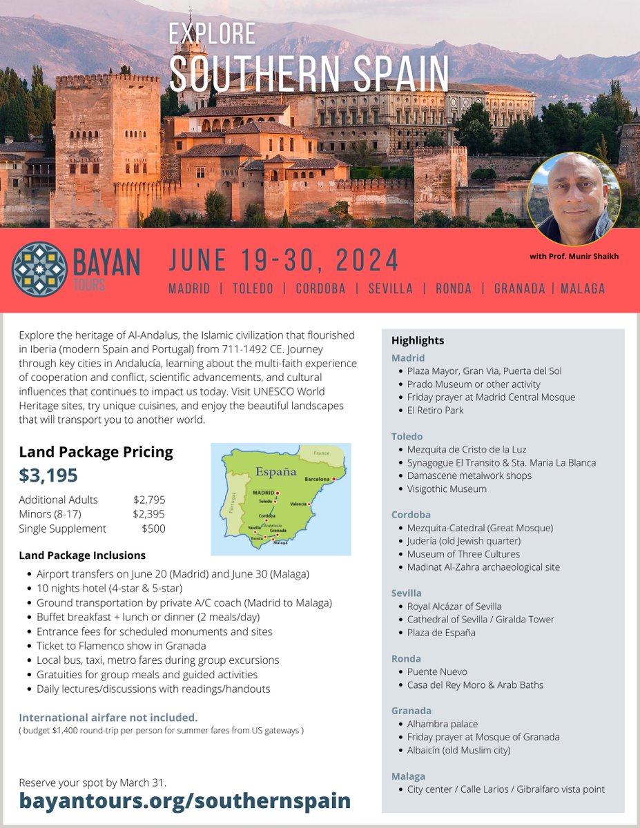 Escape to Southern Spain with Bayan Tours this June 19-30th! Immerse yourself in the rich Islamic heritage and stunning landscapes of Andalusia. Register now at hubs.la/Q02pmDVM0. #bayantours #southernspain #islamictravels