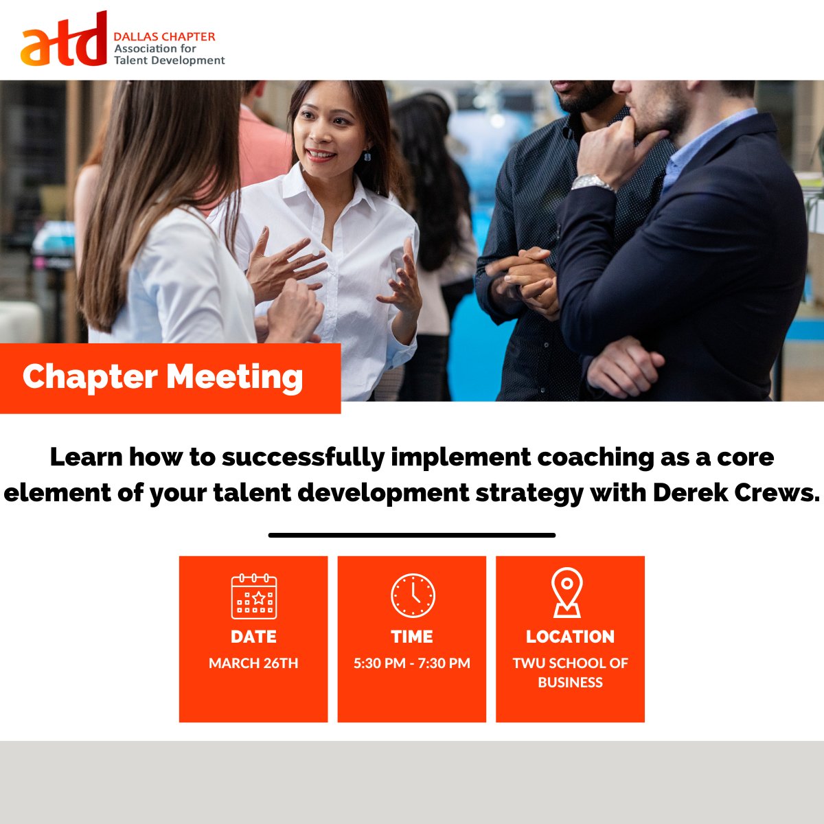 ATDDallas's tweet image. 🌟 Join us on Tuesday, March 26, 2024, from 5:30pm to 7:30pm for an insightful session with Derek Crews, Ed.D., SHRM-SCP, SPHR!

Secure your spot now! tddallas.org/event-5603516

#TalentDevelopment #CoachingStrategy #ProfessionalDevelopment #Leadership