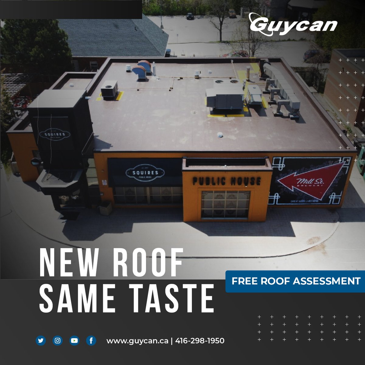 Guycanltd's tweet photo. We're serving up some peace of mind! Squires Public House can focus on what they do best - serving amazing food -  thanks to their brand new roof installed by our expert team.  

Does your restaurant roof need an upgrade? Give us a call at 416-298-1950! #restaurantroofing https://t.co/XmB85lQ44W