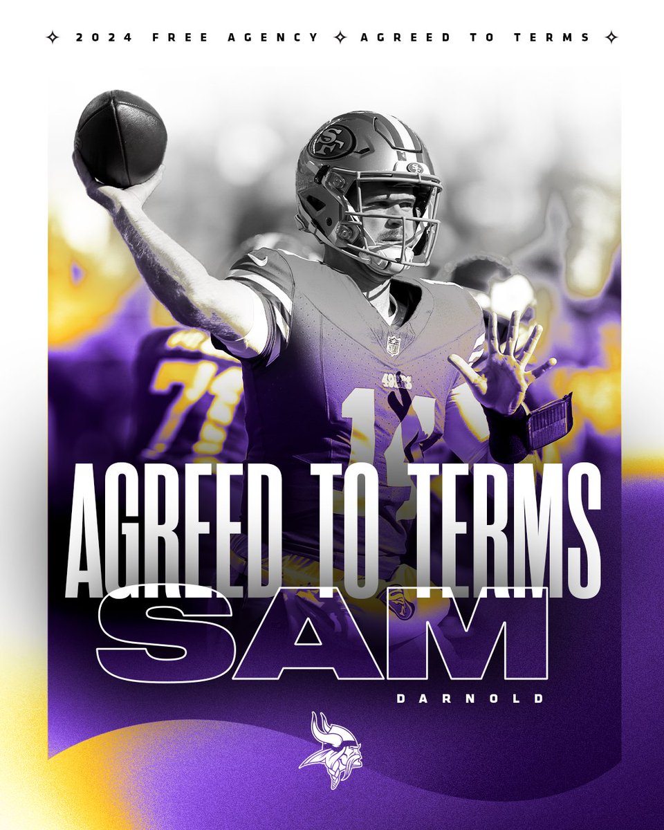 Vikings's tweet photo. Hey Sam!

The #Vikings have agreed to terms with QB Sam Darnold. 

📰: https://t.co/WeRL9XogVV https://t.co/5EI4ZDfU2d