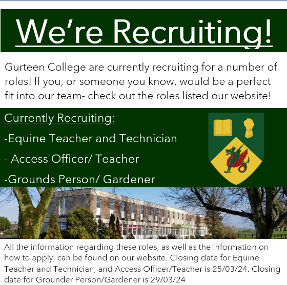We're currently recruiting staff to fill a number of positions across our college team! If you, or someone you know, would be perfect for one of these roles then check out all the information on the jobs here: gurteencollege.ie/jobs