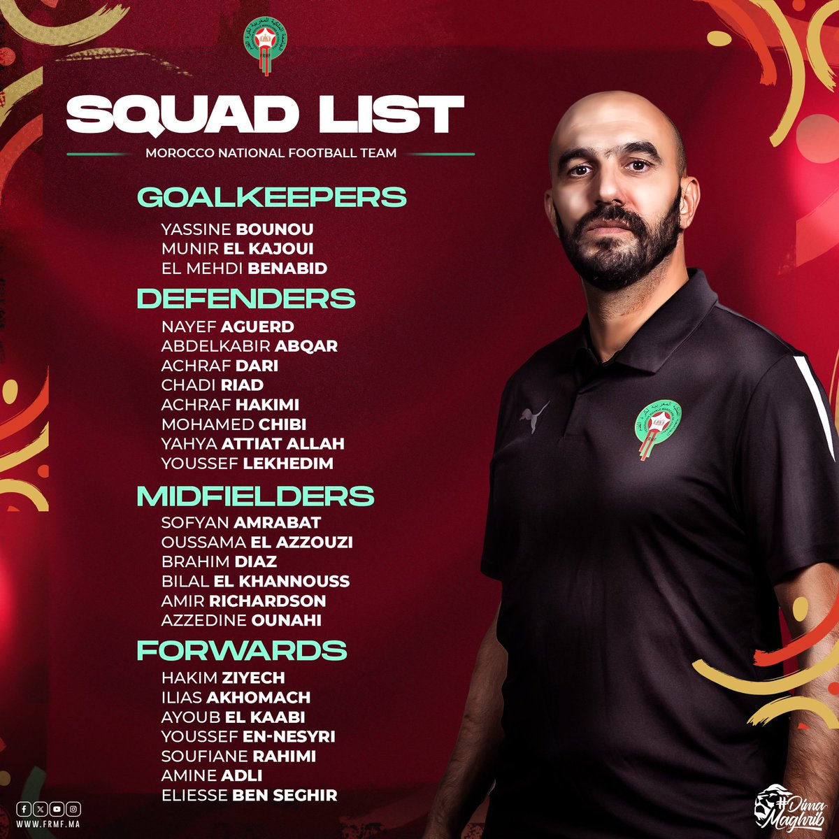 لائحة المنتخب الوطني المستدعاة لمباراتي أنجولا و موريتانيا

🚨List for the two friendly matches against Angola &amp; Mauritania

#DimaMaghrib 🇲🇦