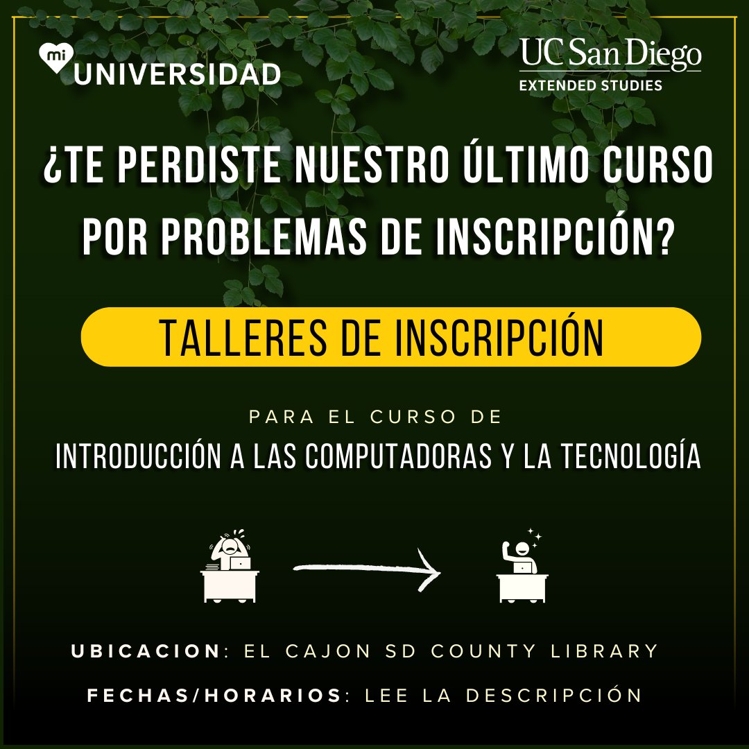 ¡Buenas noticias! Ofreceremos talleres de inscripción para nuestro curso Introducción a las computadoras. Cuando: 1. 13 y 19 de marzo de 4:30 a 6:30 p.m. 2. sábado 23 de marzo, de 10 a.m. a 12 p.m. Ubicación: El Cajon SD Country Library