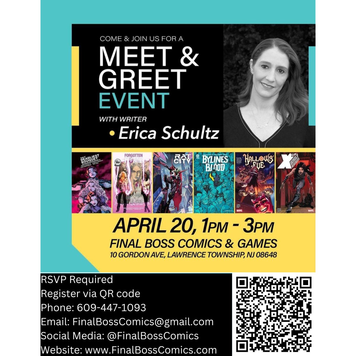 Sat April 20th, 2024, we'll have Erica Schultz here with us for a meet & greet signing from 1p-3p at Final Boss Comics & Games. 10 Gordon Ave Lawrenceville NJ 08648 This will be hot off the release of her new Spawn title, Rat City! tinyurl.com/EricaSchultzSi… #FinalBoss