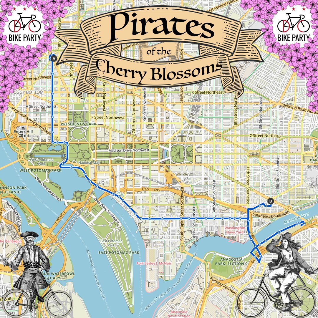 AVAST YE, THE ROUTE!!! ALL HANDS ON DECK: Dupont Circle at 7:30 @ ships sail at 8:00 pm for the land ‘o cherry blossom Theme: Pirates of the Cherry Blossoms! Endpoint: After the ride, dock your vessels & adjust your sea legs at the @theroostdc with DJ RELLY BELLY