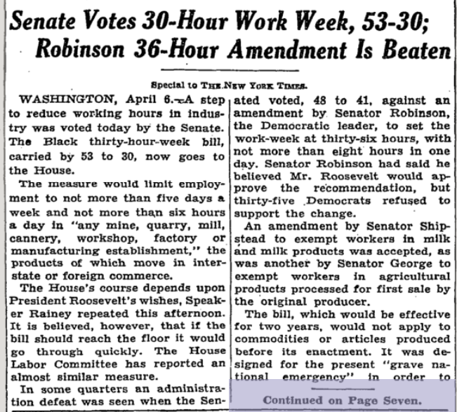 Fact: The United States Senate passed legislation that would make a 30-hour workweek the standard in America in April of 1933. It was not signed into law, but a few years later FDR signed a 40-hour workweek into law where it has remained stuck for 84 years.