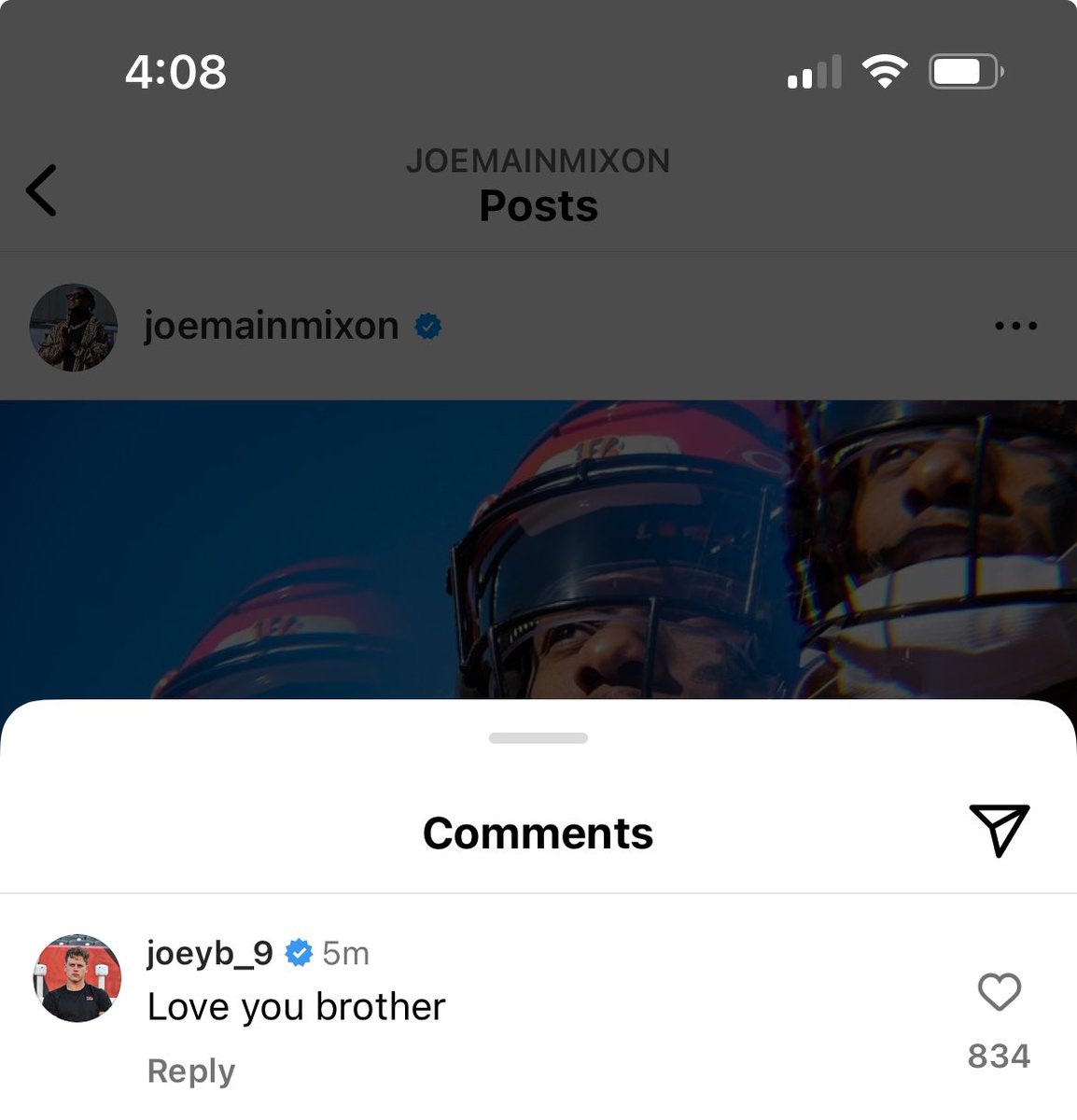 thenatiking's tweet photo. Joe Burrows comment on Mixons goodbye note 🥲 https://t.co/lOHxNVwNie
