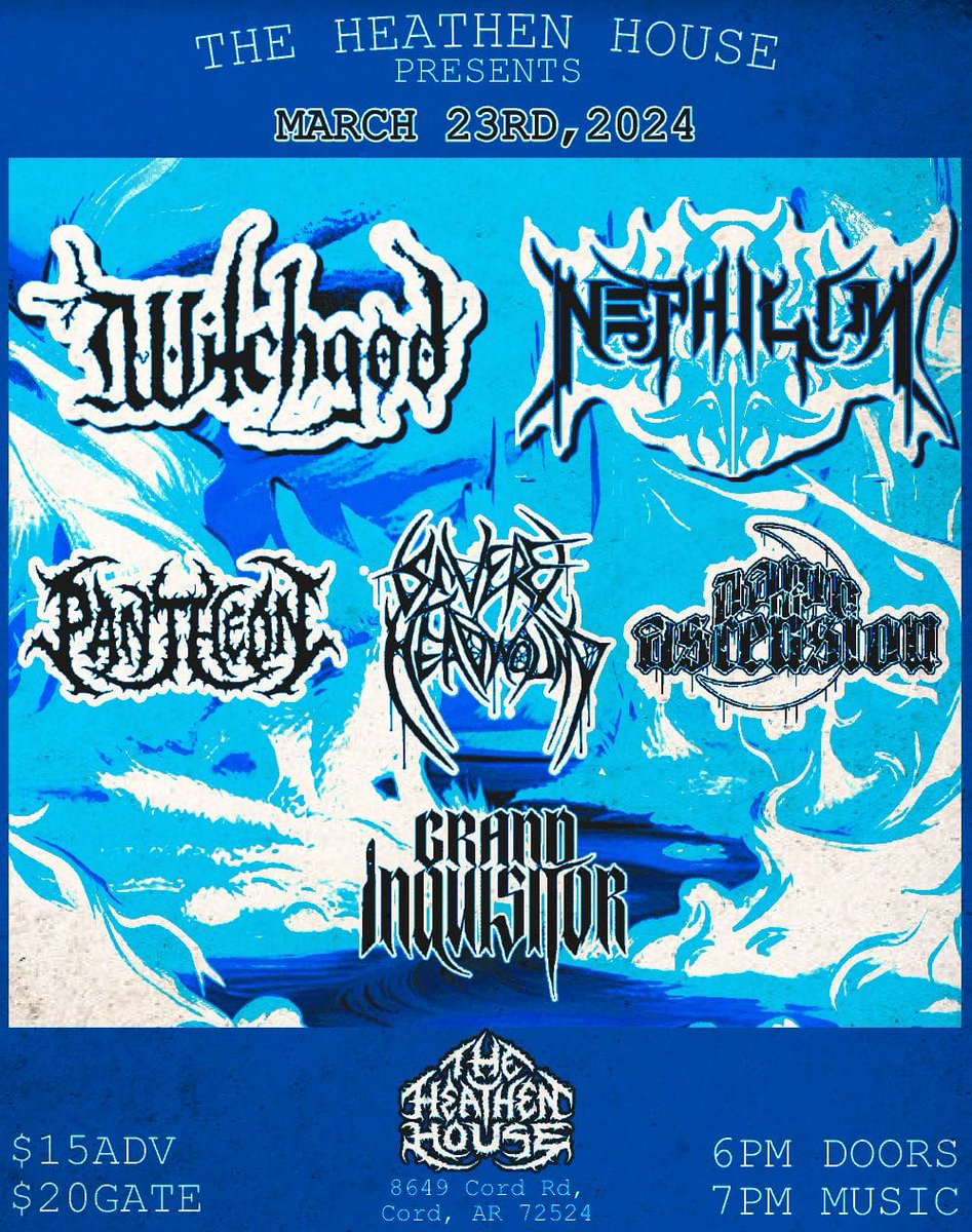 Our next show is at The Heathen House in Cord, AR on March 23rd.  Playing with a packed lineup of incredible bands, Witchgod, Nephilim, Pantheon, Severe Headwound, Dawn of Ascension