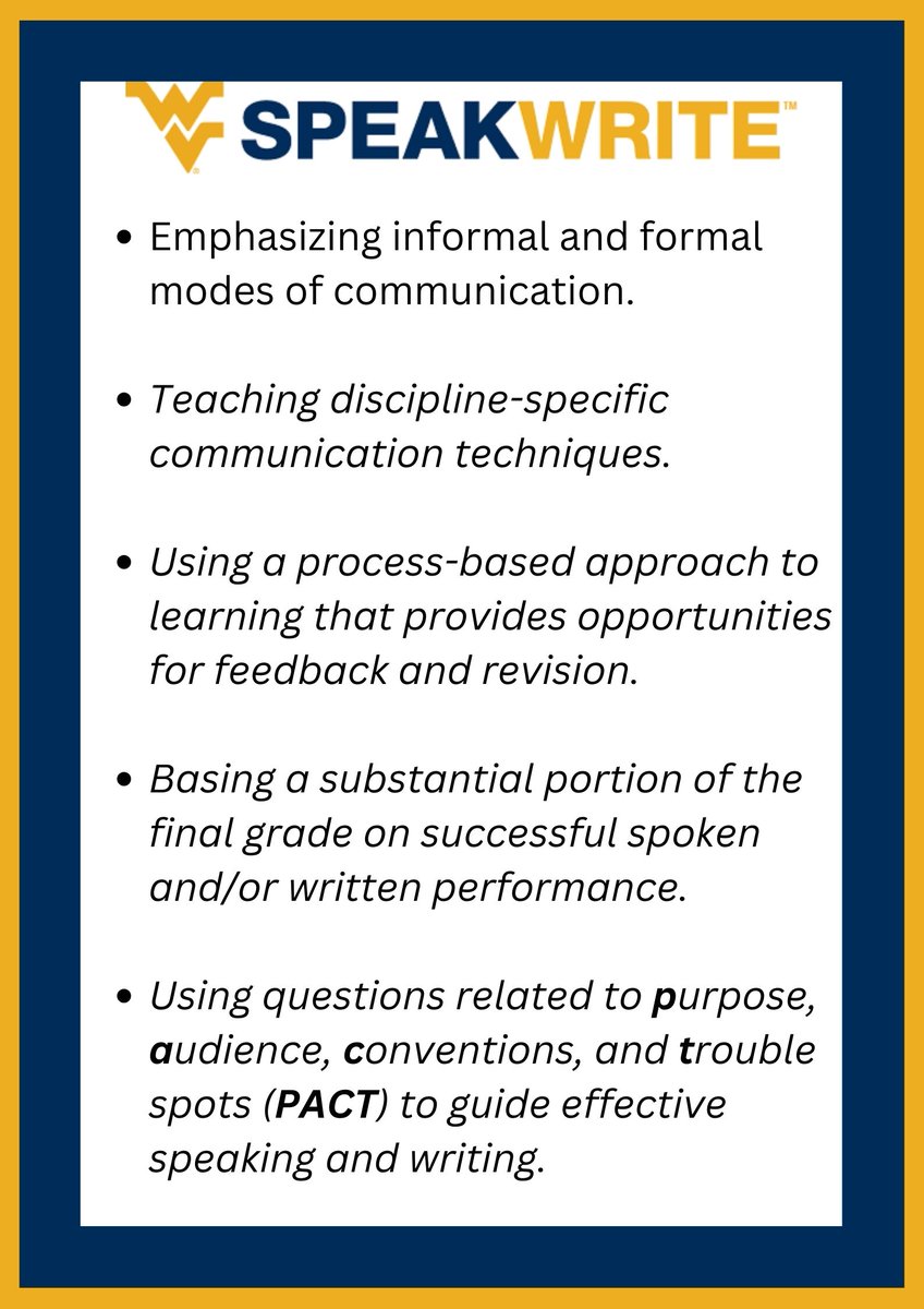 Are you preparing your syllabi for Fall 2024? 

Consider SpeakWrite course certification to support your students' communication skills in their disciplinary discourses. Check out the link below to certify your courses:
speakwrite.wvu.edu/faculty/course…