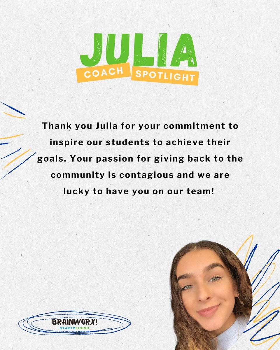 🌟Volunteer Spotlight: Meet Coach Julia!🌟

Julia is one of our amazing Brainworx volunteers! Thank you Julia for bringing energy, passion and enthusiasm to our Brainworx program. Our students are lucky to have a mentor and coach like you!