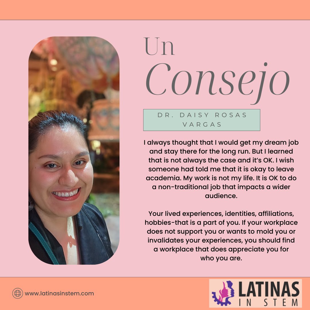 LatinasinSTEM's tweet photo. Dropping some small consejitos by Latinas in STEM. This month, we have Dr. Daisy Rosas Vargas. She is a science communicator and education consultant.

#LatinasinSTEM #Latinas #STEM #ConsejoTuesday https://t.co/c4M0D5z2v1