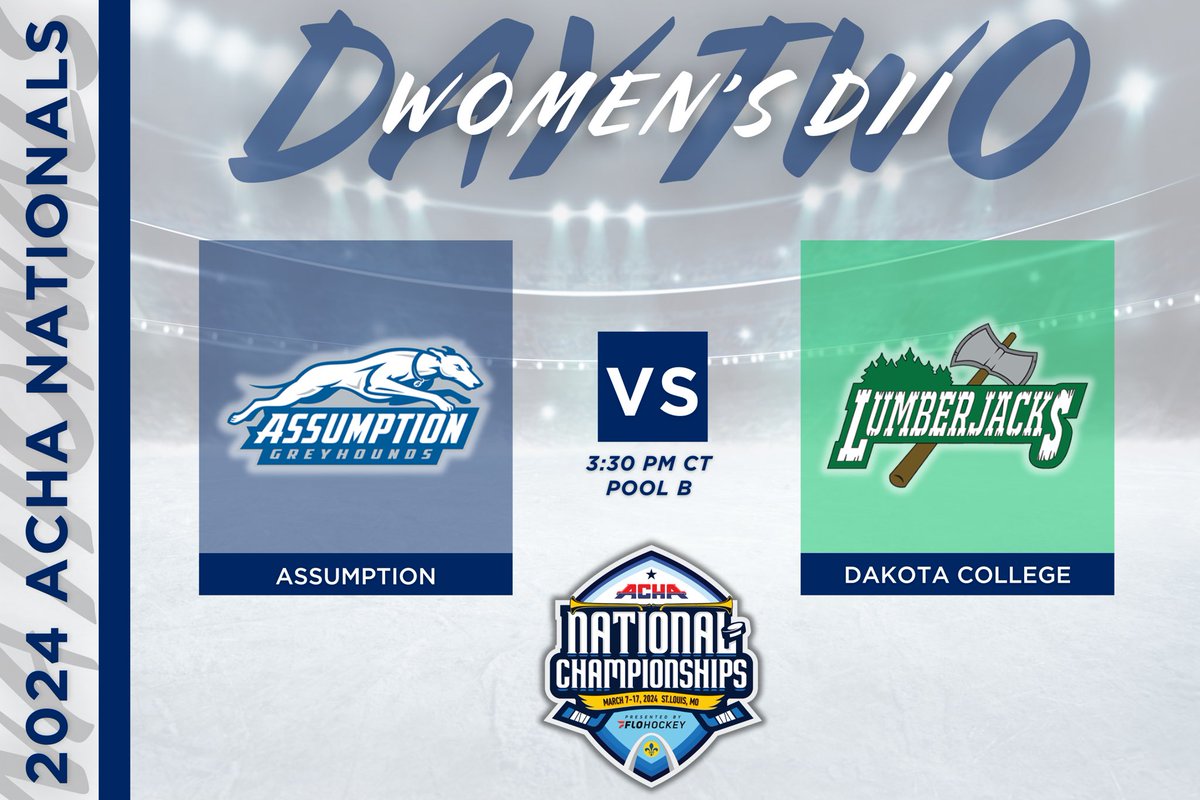 ACHAWomensD2's tweet image. 𝗣𝗢𝗢𝗟 𝗣𝗟𝗔𝗬 𝗚𝗔𝗠𝗘
🏒 Assumption (away) vs. Dakota College (home)
⏰ Time 3:30 PM CT
📍 Rink 2
🎥 flohockey.tv/events/1225332… @FloHockey 
#ACHANationals #ACHAW2