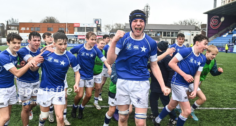 James Whitty of St Mary’s College celebrates after victory over St Michael's College in the Bank of Ireland Schools Junior Cup semi-final at Energia Park today. 📸 @FaoiDhaire sportsfile.com/more-images/11…