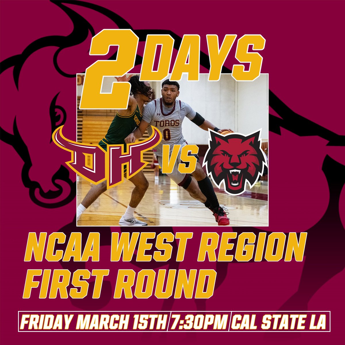 2 DAYS until tip-off for @CSUDHmbb who will face Central Washington in the First Round of the NCAA West Region Tournament! ⏰ - 7:30pm 📍 - Los Angeles 🏟️ - University Gym 🎟️ - bit.ly/3TmRdsS 📺 - bit.ly/3v5oocd 📊 - bit.ly/3uFfG4i #MarchMadness