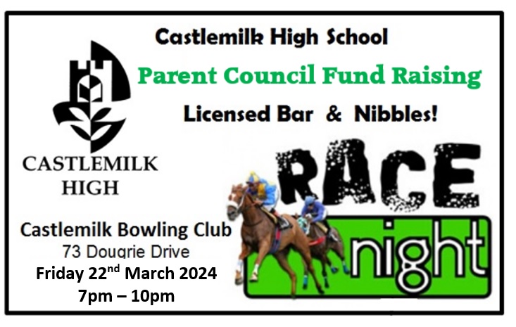 Reminder that our annual Parent Council Race Night is on the 22nd at the local bowling club. It's always a great night with lots of chances to win races, raffle prizes and catch up with friends! Tickets £3 each from the school (see Mr Munro) or pay at the door #community