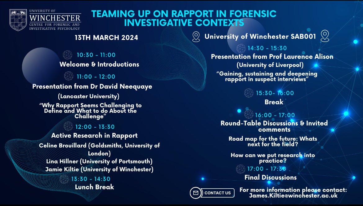 Today, our Centre for Forensic and Investigative Psychology was pleased to host a fantastic conference on Rapport in Forensic Investigative Contexts, with incredible guest speakers. Thank you <a href="/Jamie_Kiltie/">Jamie Kiltie</a>, <a href="/hillnerlina/">Lina Hillner (she/her)</a> and <a href="/Celine_B25/">Celine Brouillard</a> for organising and making it such a success.