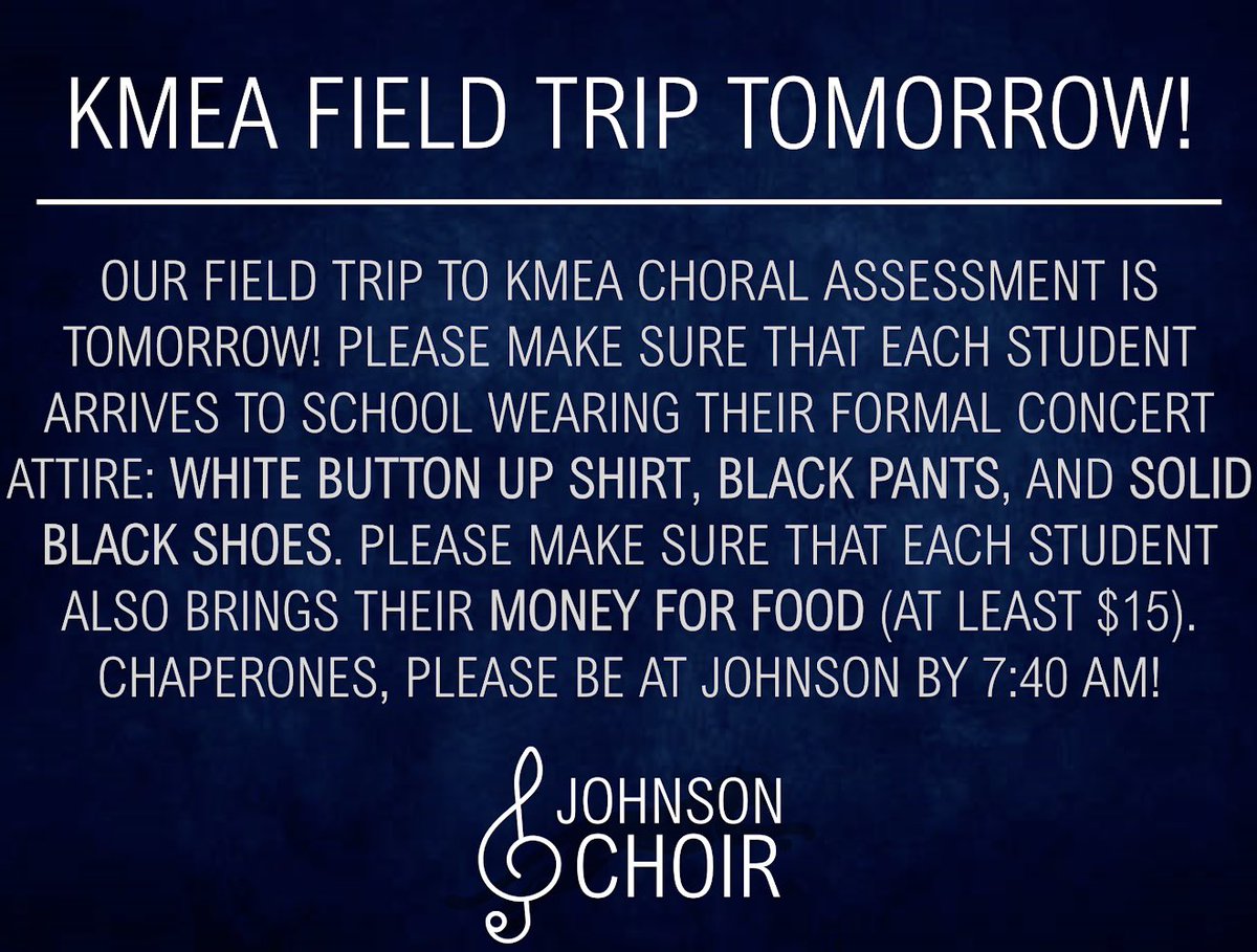 JTMS Choir Families, Please read the above message for important information regarding tomorrow’s field trip.

#RoarJagsRoar #SingJagsSing #YourVoiceMatters