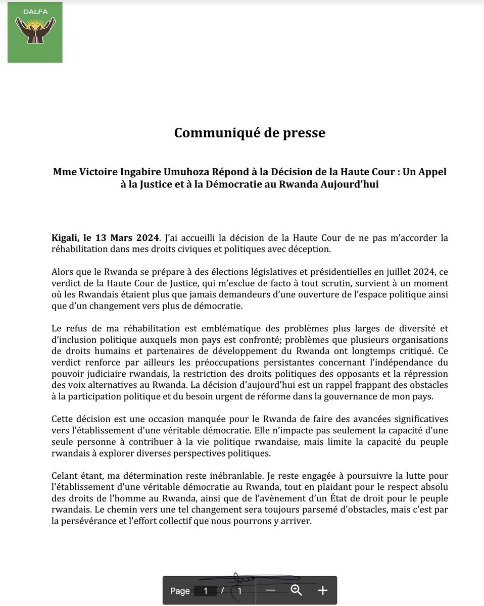 "Ma déclaration sur la décision de la Haute Cour d'aujourd'hui concernant ma demande de réhabilitation #Rwanda"