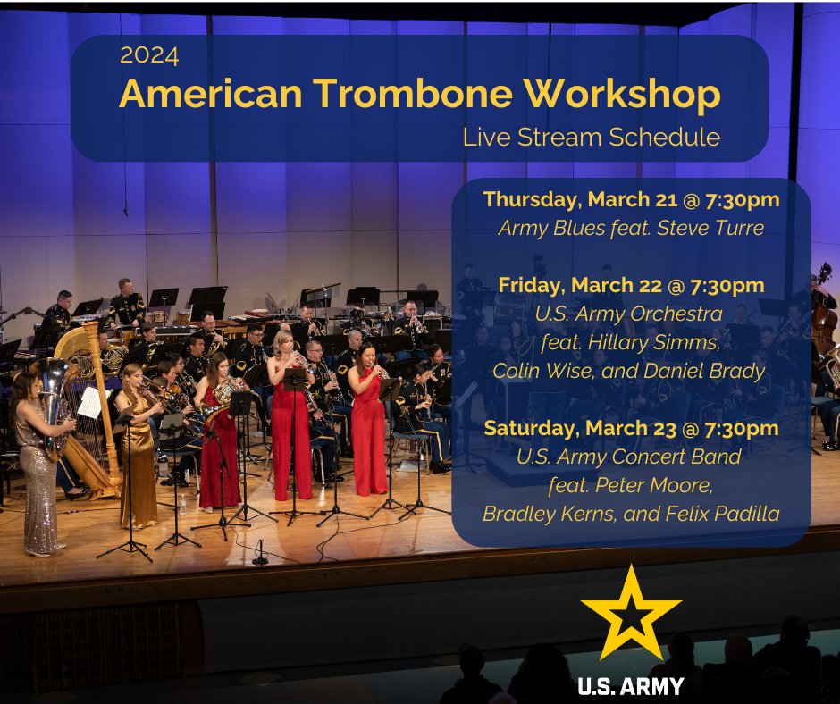 The U.S. Army Band “Pershing’s Own” (@theusarmyband) on Twitter photo Next week the 2024 edition of the American #Trombone Workshop kicks off! See info for the live stream schedule of events.📺
Set a reminder and tune into the concerts on YouTube and don't miss a single second of trombone mastery!🎶
#usarmymusic #lowbrass Next week the 2024 edition of the American #Trombone Workshop kicks off! See info for the live stream schedule of events.📺
Set a reminder and tune into the concerts on YouTube and don't miss a single second of trombone mastery!🎶
#usarmymusic #lowbrass