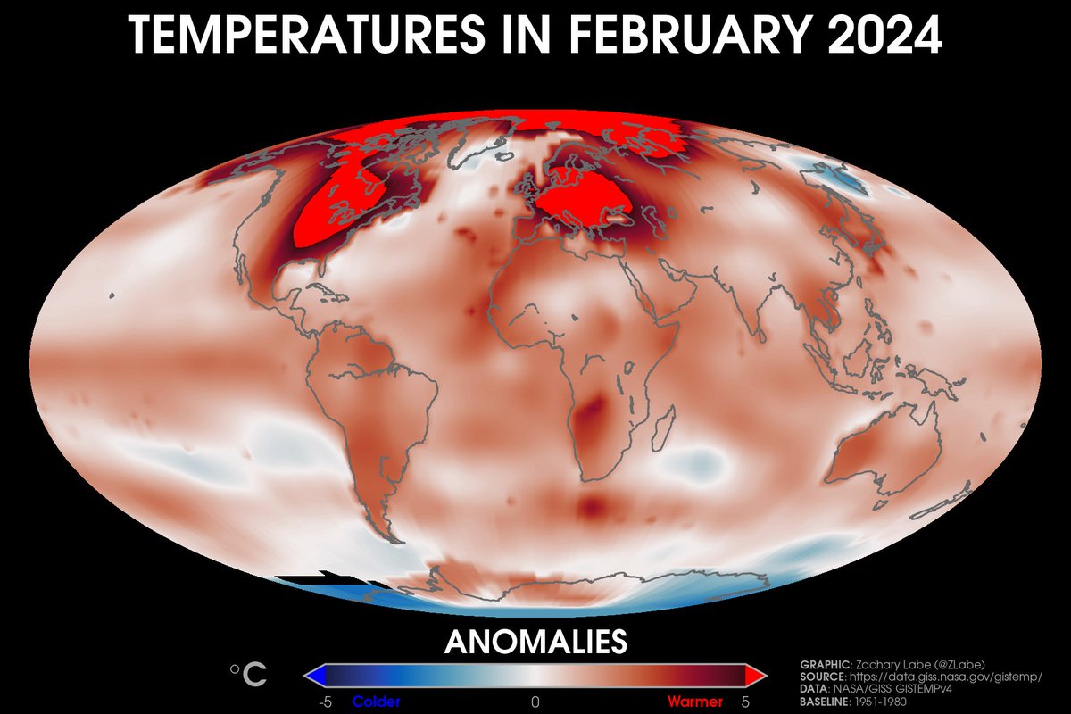 ZLabe's tweet photo. Our ninth consecutive month of record warmth - February 2024

🟥 warmer than average
🟦 colder than average

Overall, the average February global air temperature was +1.44°C above 1951-1980 climate baseline (+1.73°C above the 1880-1920 baseline). Data code https://t.co/DXbFxLLHlC https://t.co/QkM66yuF65