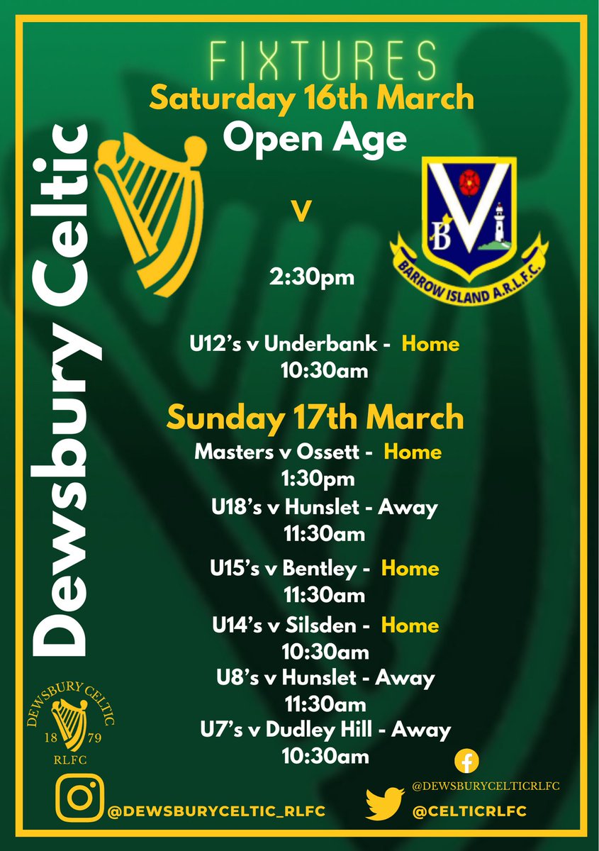 ☘️☘️This weekends fixtures in the @OfficialNCL the @YorkshireJunior and the @MastersRugbyL !! We hope to see you up in the Park to support the Green and Whites!!!☘️☘️