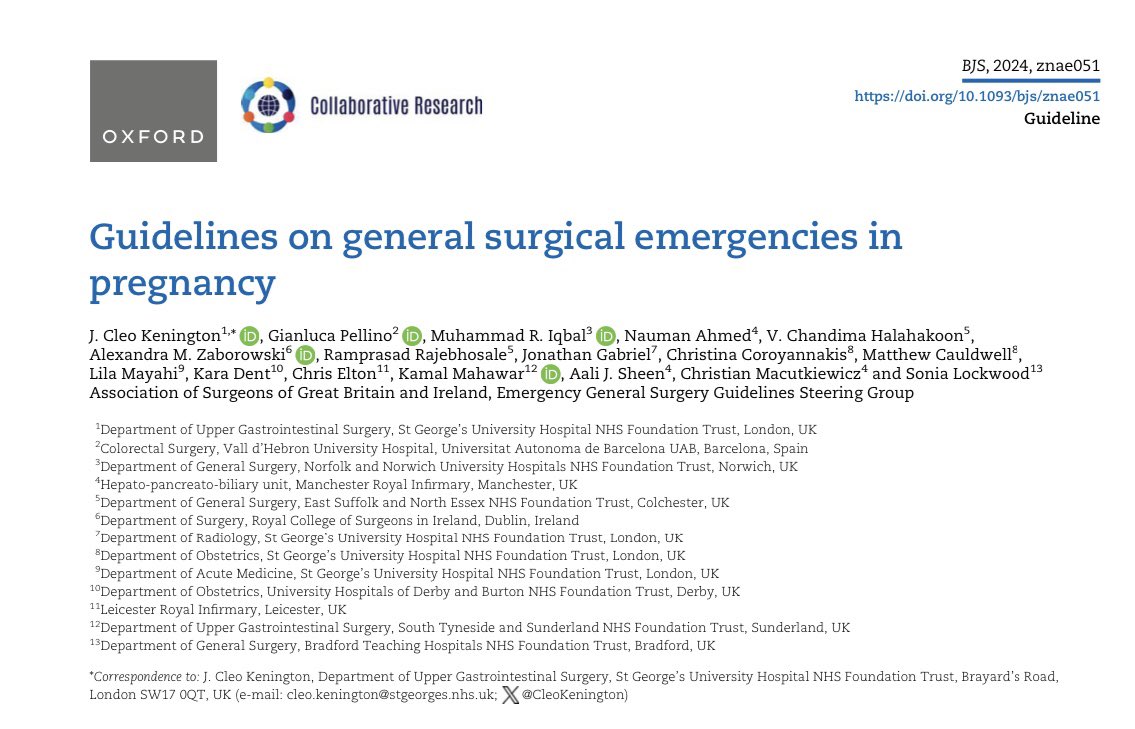 Delighted to have this published in <a href="/BJSurgery/">BJS</a> 

“Guidelines on general surgical emergencies in pregnancy”

academic.oup.com/bjs/article/11…

➡️ <a href="/asgbi/">ASGBI</a> emergency surgery guidelines steering group

#SoMe4Surgery
