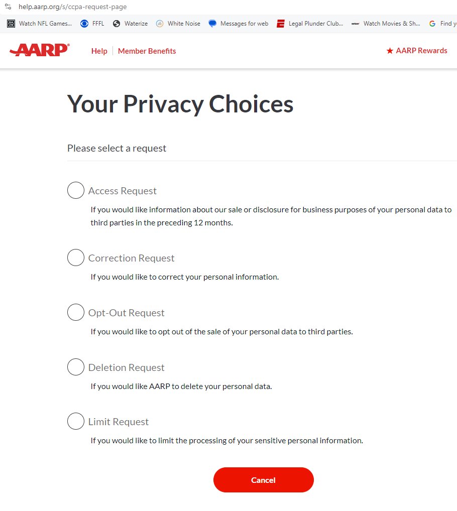 I just had to help someone with this. If you know someone who is an AARP member, help them make the decision to opt out of the sale of personal information.  and shame on <a href="/aarp/">AARP</a> for making the default that they sell your info. Please share this widely.
