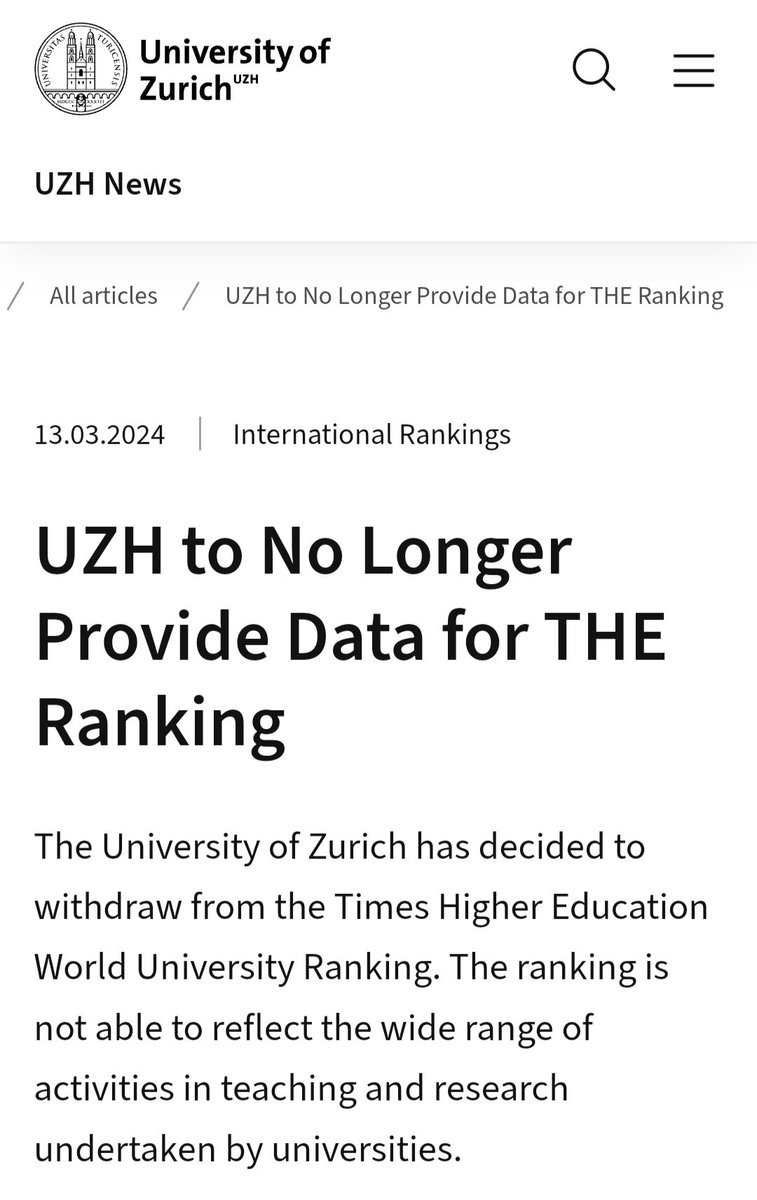 Very good to see that after @UniUtrecht now also the University of Zürich has decided to no longer be part of the THE university ranking @THEworldunirank news.uzh.ch/en/articles/ne…