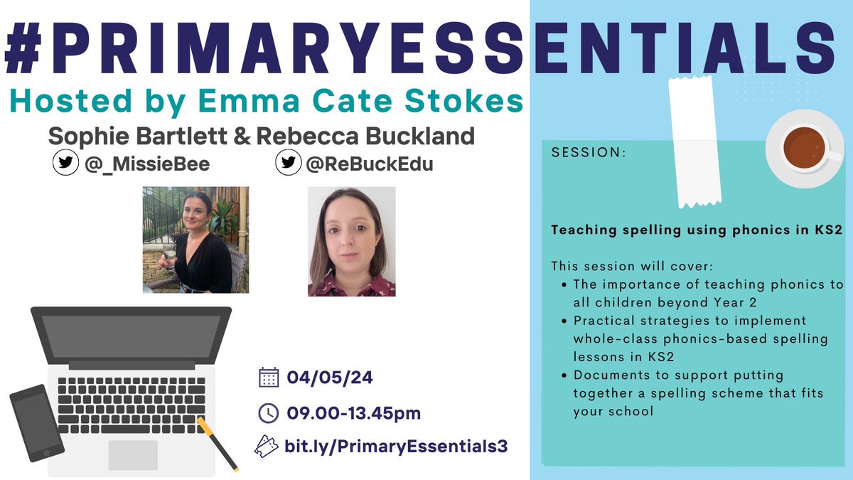 Want something different for KS2 spelling? Join #PrimaryEssentials to find out about: - importance of phonics beyond Y2 - strategies for whole-class phonics-based KS2 lessons - docs to support compiling a spelling scheme that fits your school Tix - tinyurl.com/39cw6b99