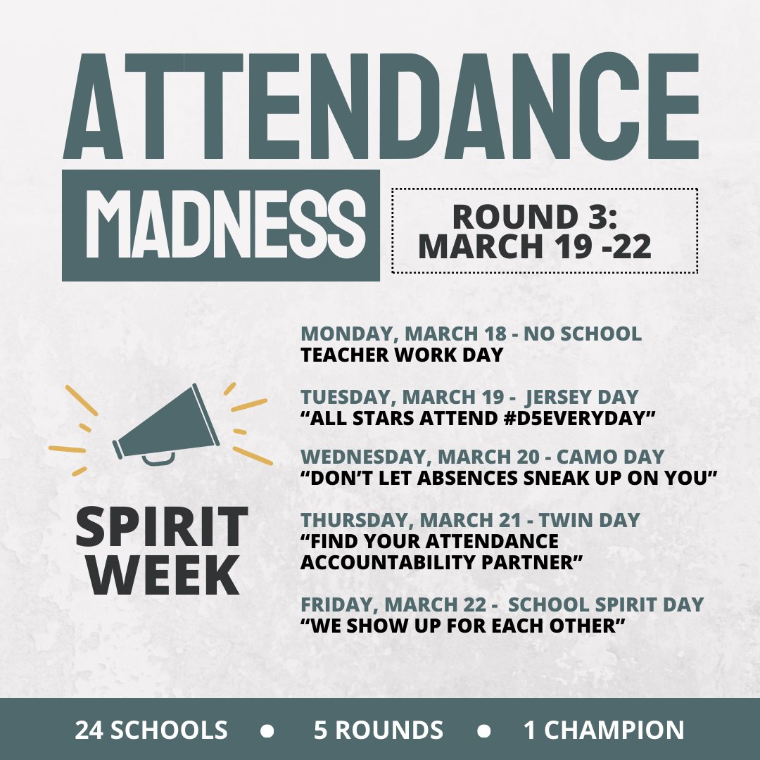 LexRich5Schools's tweet photo. π’ NEXT WEEK: It's Attendance #MarchMadness Spirit Week across #LexRich5Schools! Get your game faces on to attend #D5EveryDay to show that #AttendanceMatters! Stay tuned for who will move on to the #EliteEight - announced here today at Noon. #SchoolAttendance https://t.co/JB6THAMqpz