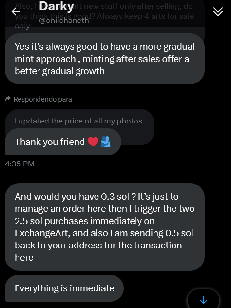 fisferr's tweet photo. Scammer alert.

Of course I didn't send him anything. But beware everyone. Specially newcommers. He assums the identity of a real collector on @exchgART.

If you see him, just report.

#NFTCommunity #scammers #SolanaNFT https://t.co/3tbcrjGxJ1