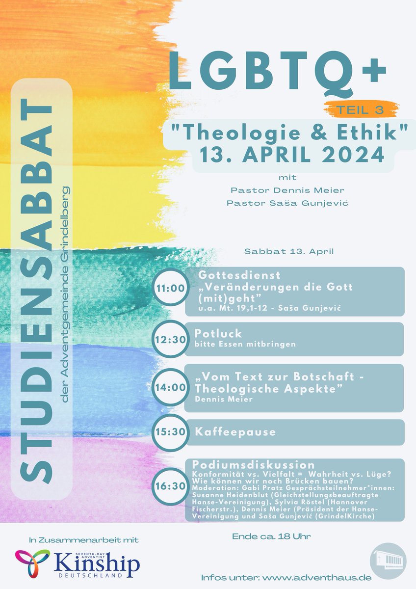 GrindelKirche's tweet photo. Am 13. April 2024 geht unsere Studiensabbat-Reihe zum Thema LGBTQ+ weiter. Im dritten Teil geht es um Theologie und Ethik.

https://t.co/iRIm21iKpi

#lgbtq🌈 #lgbtq #Hoffnungsort #Hoffnungsorte #FürGleichberechtigung #FürGleichheit #Vielfalt #Liebe #GrindelKirche #SDAKinship 
🏳️‍🌈 https://t.co/GIwoc8QOpA