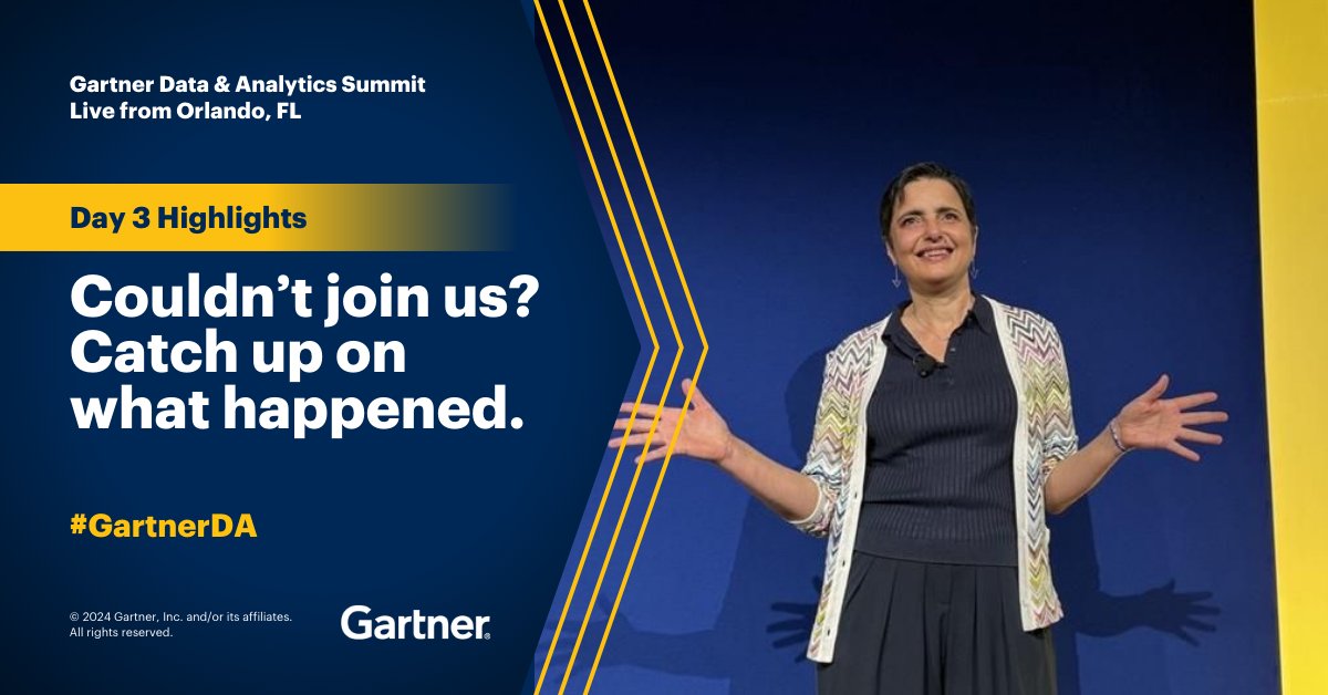 Missed Day 3 of #GartnerDA? Take a look at highlights from the day, including: ✅ Choosing between data warehouses, data lakes and lakehouses ✅ Top D&A predictions ✅ Decision intelligence platforms Learn more on the Gartner Newsroom: gtnr.it/dapr3 #Data #Analytics