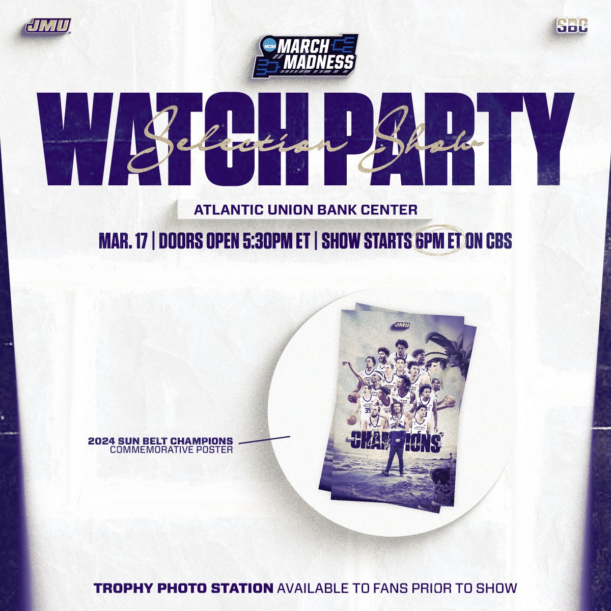 JMUSports's tweet photo. Meet us at the Atlantic Union Bank Center at 5:30pm on Sunday (March 17) for the NCAA Selection Show!

Join @JMUMBasketball as the Dukes find out where they’re heading for March Madness!

First 300 fans can grab a 2024 SBC Champions poster!

📰 | https://t.co/EeaZNBFzso

#GoDukes https://t.co/5YjZCxGjqb