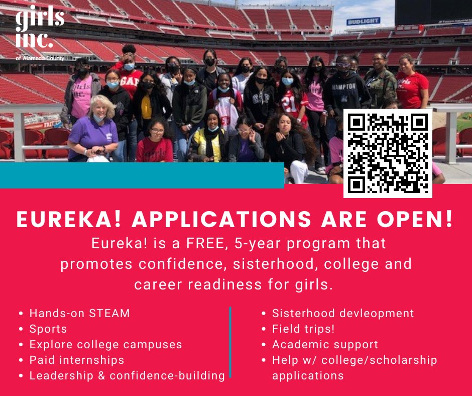 Eureka Program Applications are open for 7th and 8th graders! Eureka! is a free 5-year program that promotes #confidence, #sisterhood, and #college and #career readiness! Learn more: girlsinc-alameda.org/program-applic… Scan the QR code to apply!