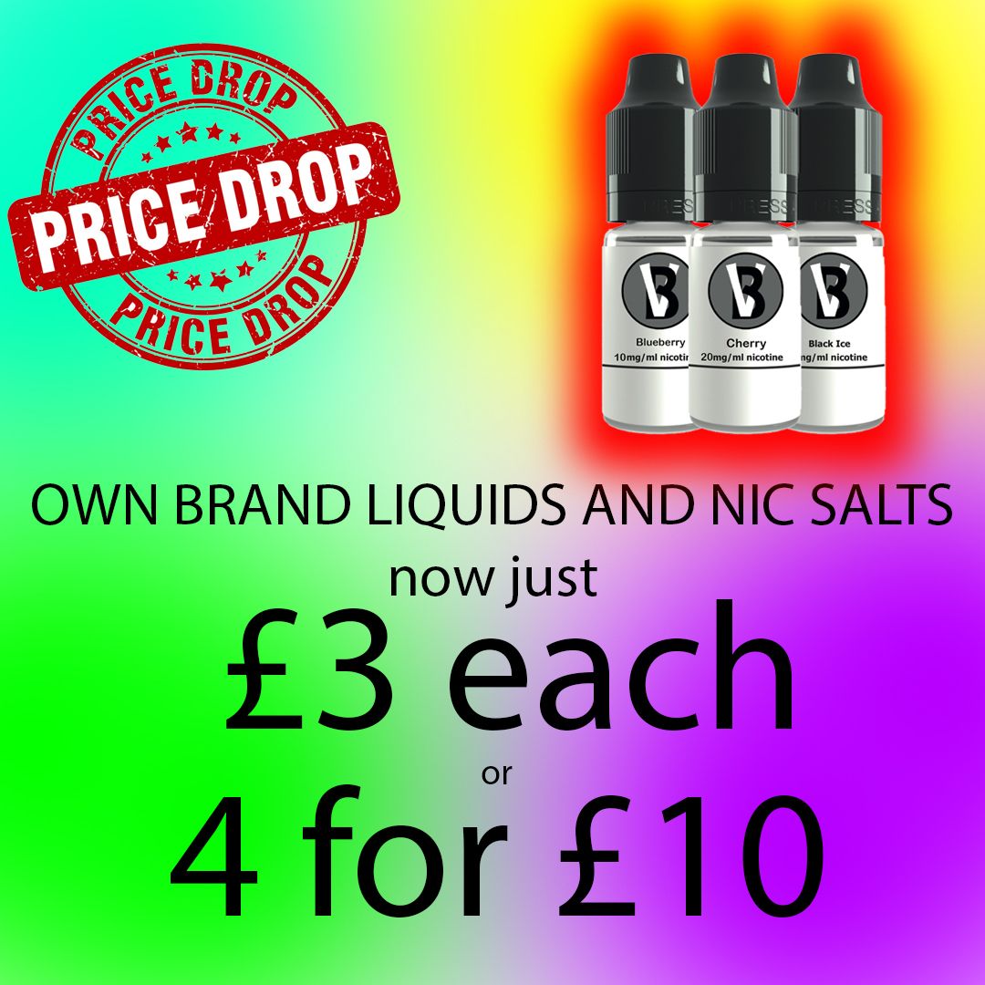 VapeBrighton's tweet photo. ***PRICE DROP***
Our own brand liquids and nic salts are now just £3 or 4 for £10! https://t.co/YyxH9HBfd3
