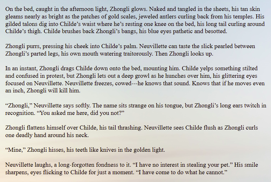 light nsfw // happy wip wednesday i'm lewding zhongli with some #neuvili + #tartali dragon heat monsterfuckery threesome. can't wait to write childe getting the upper hand 🥰