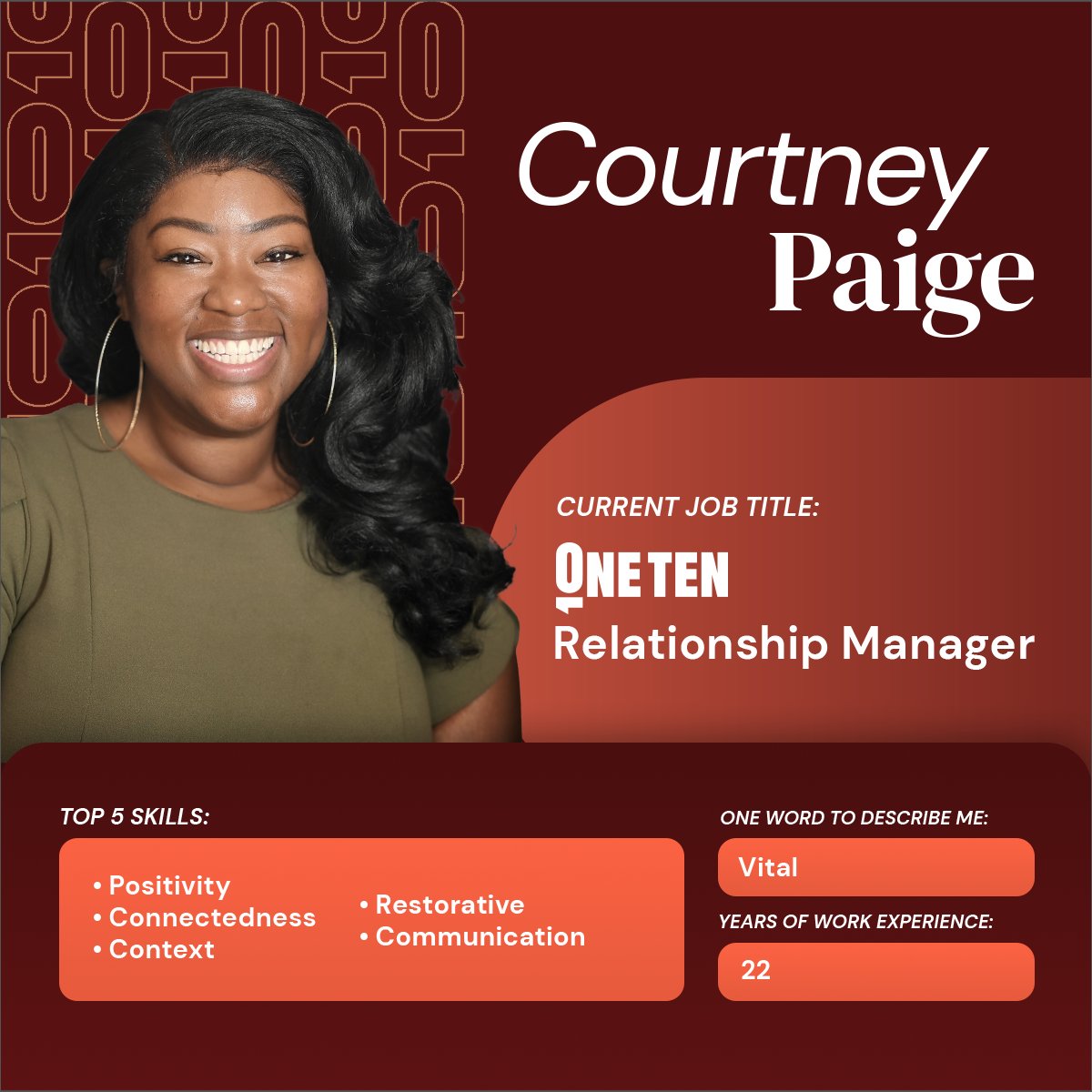 Meet Courtney Paige, our Relationships Manager! With her ability to connect, she connects leaders & communities, propelling us towards OneTen's mission of placing one million talent into family-sustaining careers.