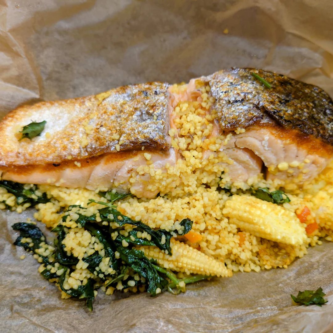 My Salmon In a Bag with a Mango, Lime and Coconut Salad. Simple, healthy and delicious! Find the full recipe on my website. #SalmonInABag #HealthyEating #SimpleRecipes #HomeCooking #CookingAtHome #HealthyLiving #RosemaryShrager #HealthyFoodIdeas #HealthyRecipeIdeas #Foodtok