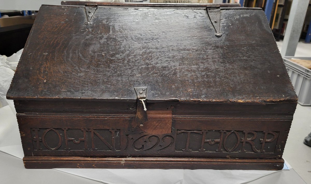 WiganMuseum's tweet photo. Today's #WhatsInStore #BehindTheScenes pick is this wonderful large wooden box that may have been used to store a bible. The box once belonged to John Thorp and is dated 1699. https://t.co/hpSaARsdgQ