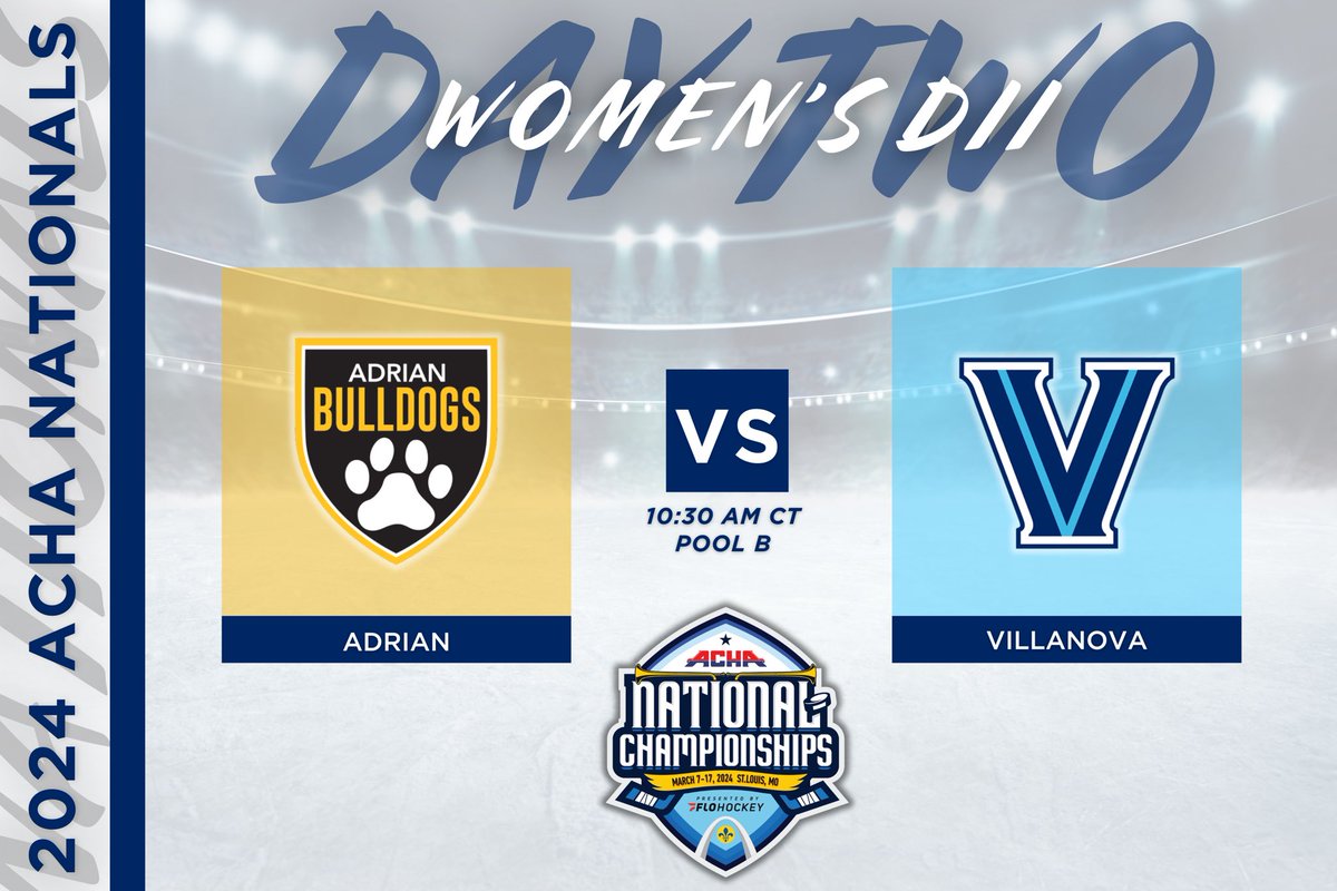 ACHAWomensD2's tweet image. 𝗣𝗢𝗢𝗟 𝗣𝗟𝗔𝗬 𝗚𝗔𝗠𝗘
🏒 Adrian (away) vs. Villanova (home)
⏰ Time 10:30 AM CT
📍 Rink 2
🎥 flohockey.tv/events/1225332… @FloHockey 
#ACHANationals #ACHAW2