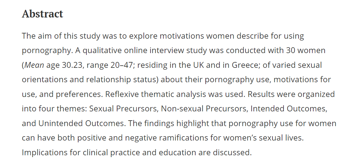 The second paper of my PhD has just been published! We looked into the reasons women use porn & what they might get out of it. Many thanks to both my supervisors @cygraham_graham & Roger Ingham!! tandfonline.com/doi/full/10.10…