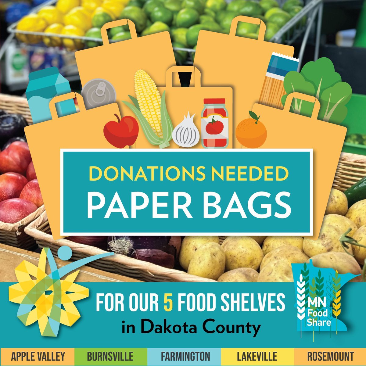 Paper bags needed at our food shelves! Drop off in Apple Valley, Burnsville Farmington, Lakeville, or Rosemount. For hours and locations visit 360Communities.org

Donate food or funds during the <a href="/MNFoodShare/">Minnesota FoodShare</a> March Campaign, now thru April 6th! buff.ly/4a1Vhpa