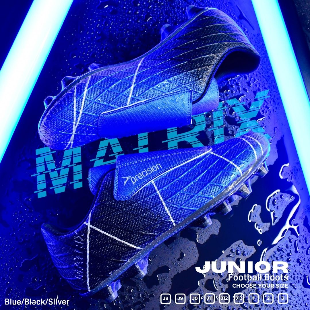 Blue, Black, Silver... first out of three colourways for the NEW Matrix Junior Boots, giving a sense of stealth with its dark accents that blend together. #precisiontraining #precision #sport #football #newproduct #launch #matrixboots #juniorfootballboots #seriousaboutsport
