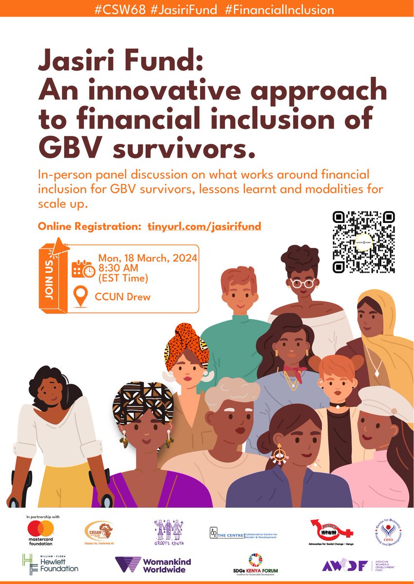 Join us for this inspiring conversation #CSW68.The Jasiri consortium will showcase how an innovative GBV survivors fund, dubbed the Jasiri Fund, transforming the lives of GBV survivors in Kenya by enabling their access to affordable financial services🌤