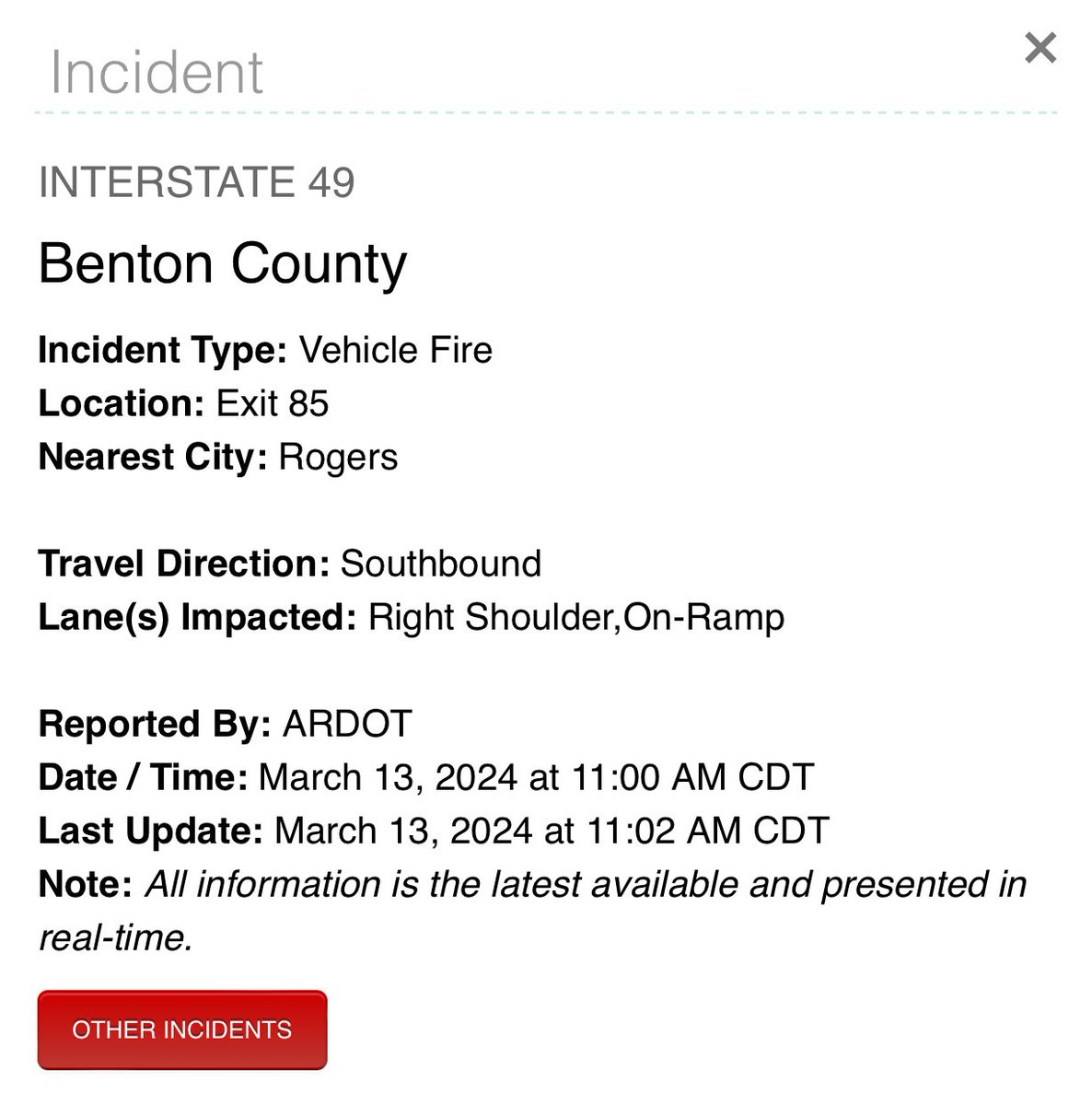 🚨 Traffic Alert (Benton County)! Vehicle fire reported on I-49 in Rogers headed southbound at exit 85. Fire is blocking the right shoulder and on-ramp! #NWAtraffic #arkansas