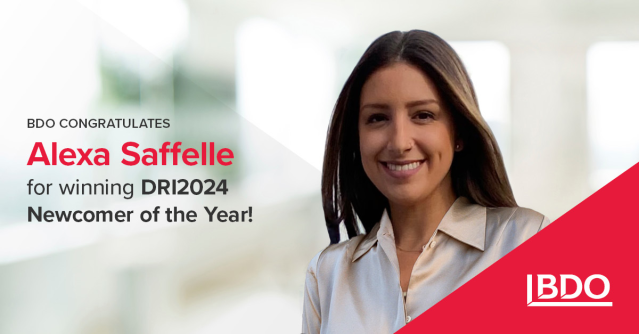 Congratulations to @BDO_USA’s Alexa Saffelle on being awarded “Newcomer of the Year” as part of this year's DRI Awards of Excellence. Learn more. #BDOProud #GetToKnowBDO dy.si/oE37G