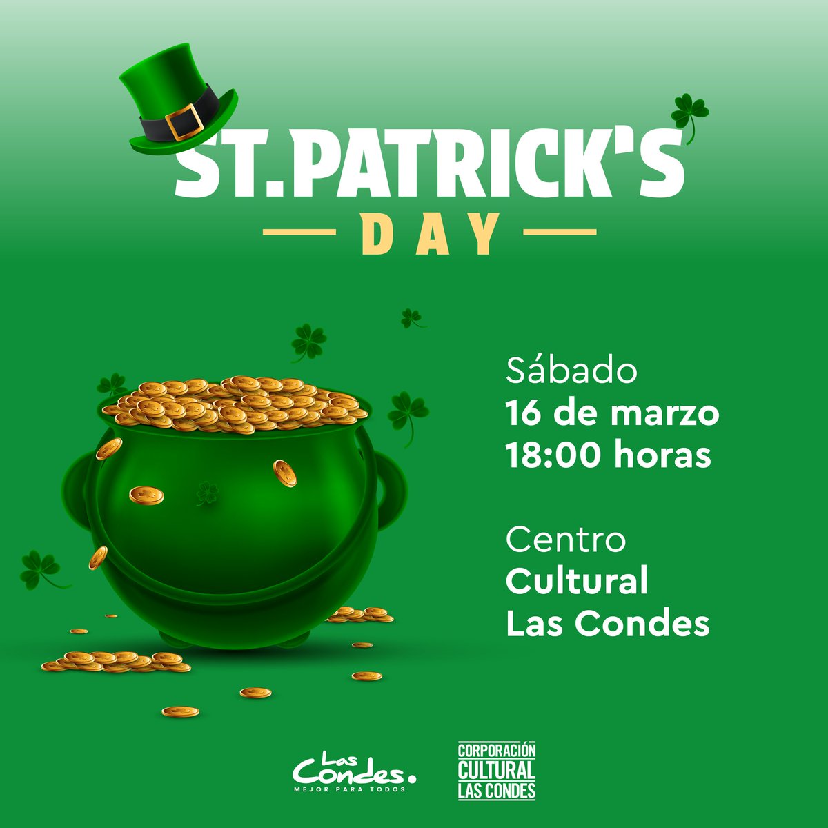 Abrimos nuevos cupos para #saintpatricksday 🇮🇪🍀🎶💚 Disfruta de Danzas Celtas, gaiteros, pintacaritas, foodtrucks y más 

 🎟CANJEA tu ticket gratuito shorturl.at/dmBPX
🏃‍♀️🏃‍♂️⚡️ Apúrate, son pocos cupos

 #sanpatricio #irlanda #panoramasgratis <a href="/Muni_LasCondes/">Las Condes</a> <a href="/IrlEmbChile/">Embajada de Irlanda en Chile, Perú y Ecuador</a>